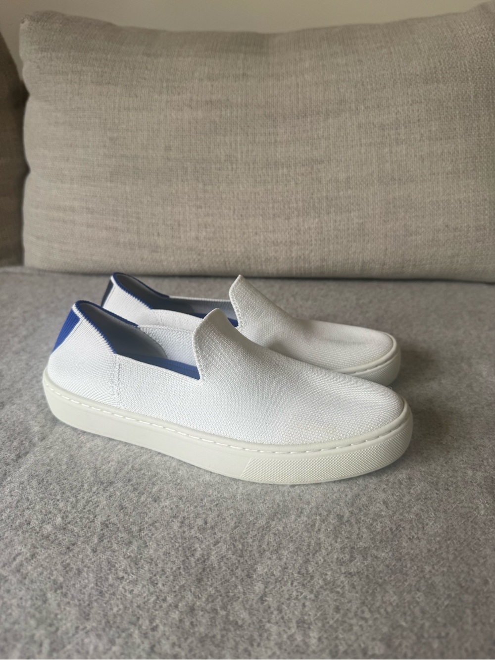 Rothy's White Slip-On Sneakers with Blue Heel Tab